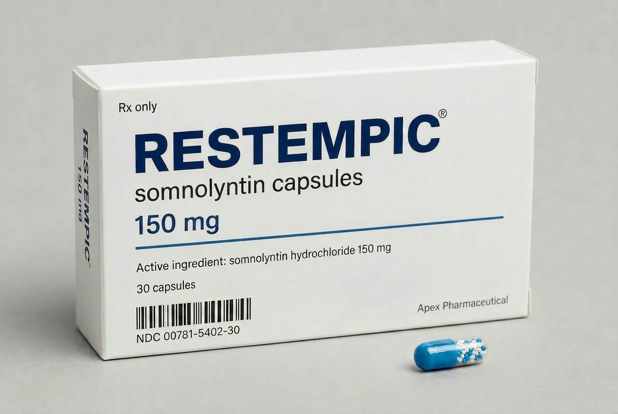 Restempic (somnolytin capsules) 150 mg — fictional Apex Pharmaceutical packaging, shown as an in-world exhibit.